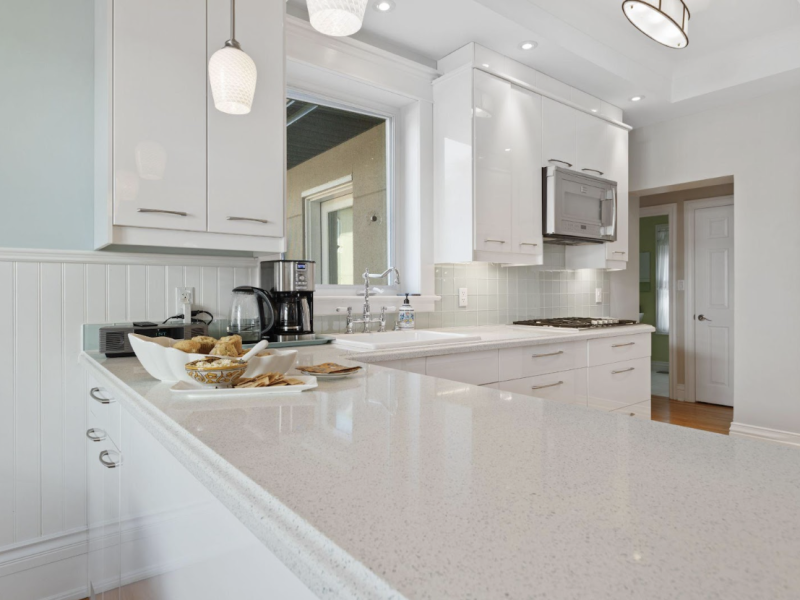 Exquisite quartz counters on a kitchen remodel